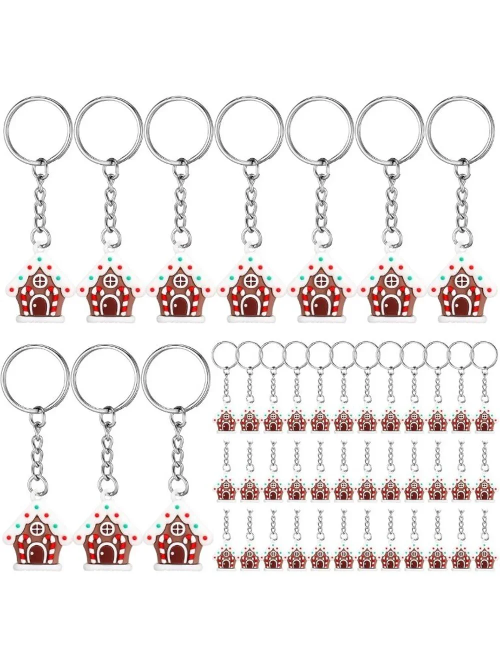 50 Pcs Christmas Gingerbread House Keychains & Candy Cane Keyrings - Bulk Set